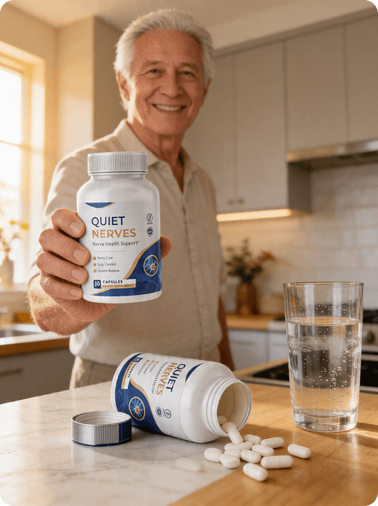 Man in his sixties holding a bottle of Quiet Nerves nerve health support supplement in his kitchen